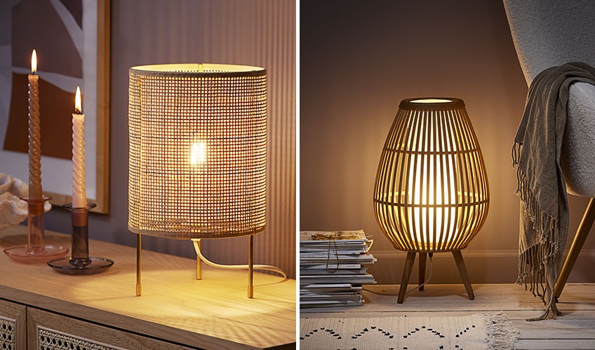 Tischlampe aus Rattan und kleine Stehlampe aus Bambus